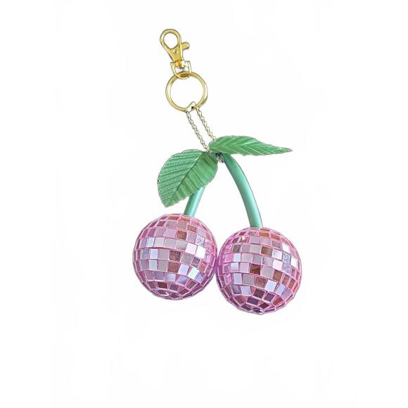 Pink Disco Cherry Keychain, Sparkly Retro Mirror Charm for Purse, Backpack, Bag - Picture 4 of 5
